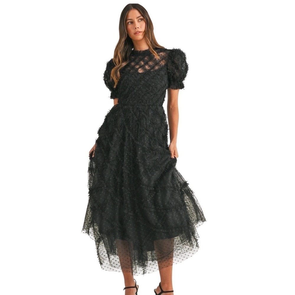 MABLE Corylyn Black Swiss Dot Mesh‎ Midi Dress Puff Sleeve Size S NWT
